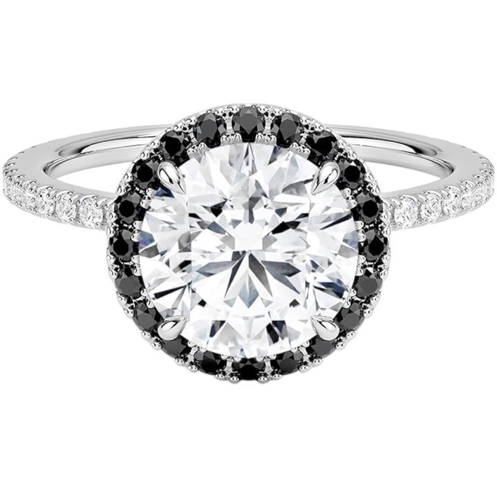 Sterling Silver Halo Engagement Ring with Black and White Stones